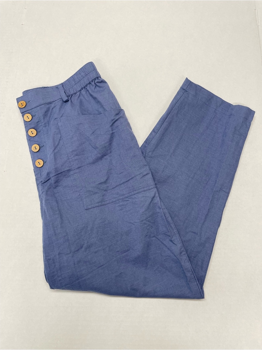 NWT Lintico Linen Cotton Women’s Large Pants Blue Elastic Waist Buttons Pockets